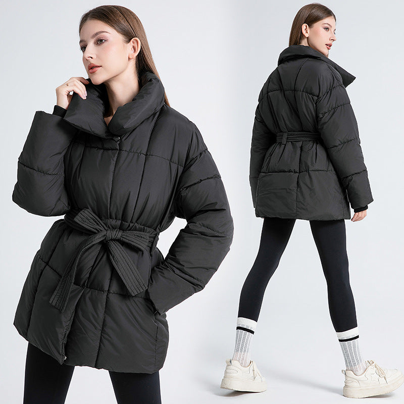 Winter Thick Stand Collar Parkas Women Fashion Tie Waist Coats