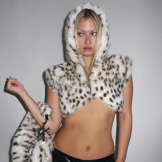 Winter Women's Tanks Jackets Warmth Fluffy Hipster Printed Hooded Buckle Bare Midriff Coats Female New Trend Clothing