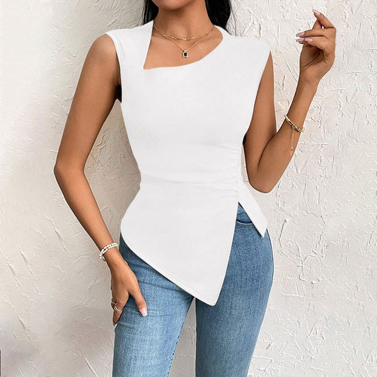 New Summer Women's Wear Commuting Irregular Slim Fit Show Figure Fashion Women's Solid Color Off-shoulder Sleeess Casual Top