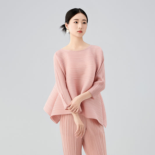 Women's Pleated Shirt Long Sleeve Casual Loose Fashion Top for Spring Made from Fabric