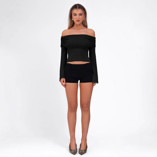 Sexy Elegant Women's Semi Transparent T-shirt Round Neck Long Sleeved Solid Color Casual T-Shirt Retro Off Shoulder Sexy T-Shir