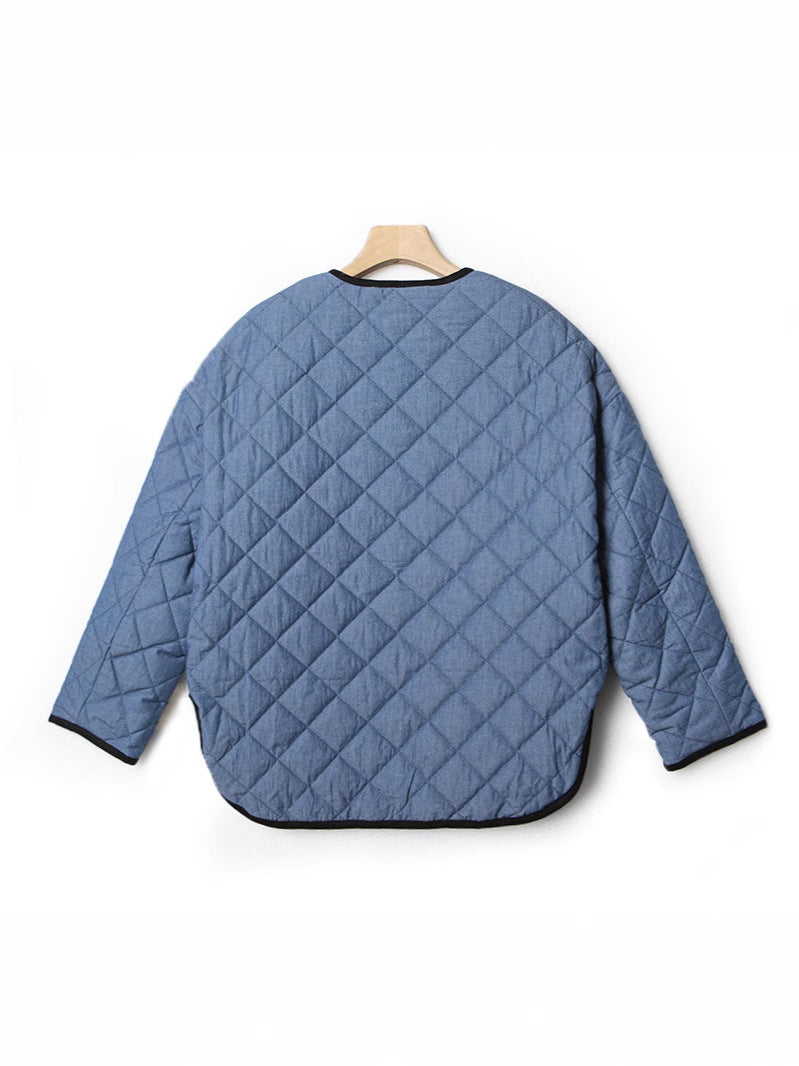 Women and Men Denim Corduroy Splice Parkars Coat Argyle Quilted Single Breasted O-neck Unisex Loose Jacket Outerwear