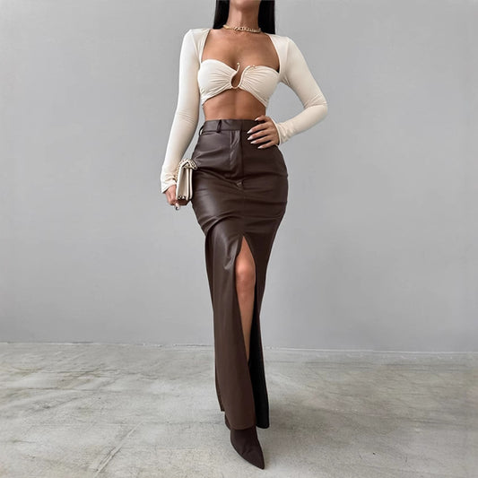 Fashionable PU Leather Solid Color Splicing Design Sense High Waist Slit Slim Fit Long Skirt