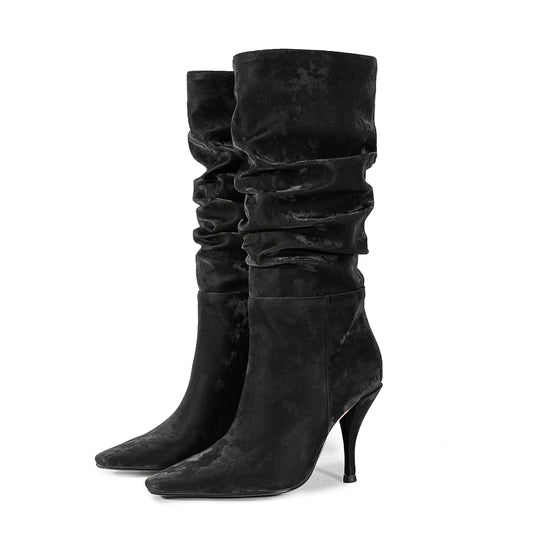 Autumn Winter Fashion Pleated Pointed Toe Women Knee-High Boots Fashion Modern Long Booties Thin Heels Female Shoes