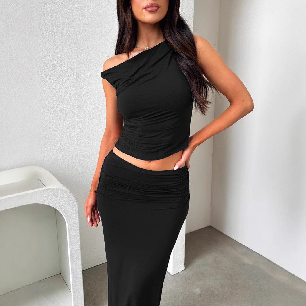 Elegant Solid Color Asymmetrical Long Dress Fashionable Slanted Neck Sleeveless Slim Fit Dress Autumn Winter Party Women's Wear