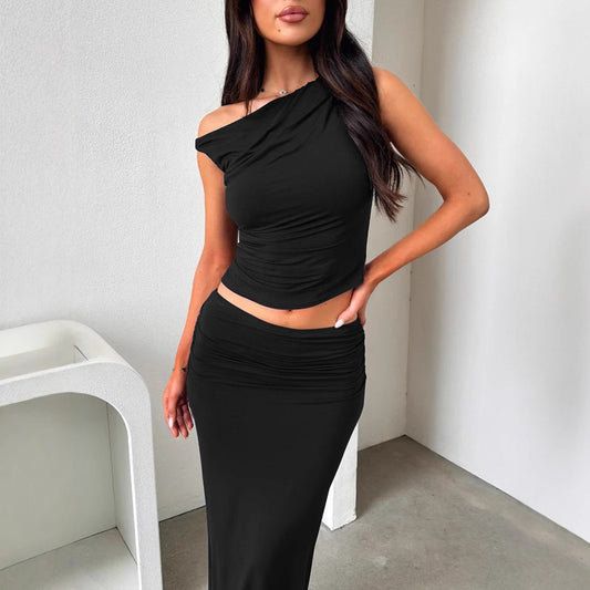 Elegant Solid Color Asymmetrical Long Dress Fashionable Slanted Neck Sleeveless Slim Fit Dress Autumn Winter Party Women's Wear