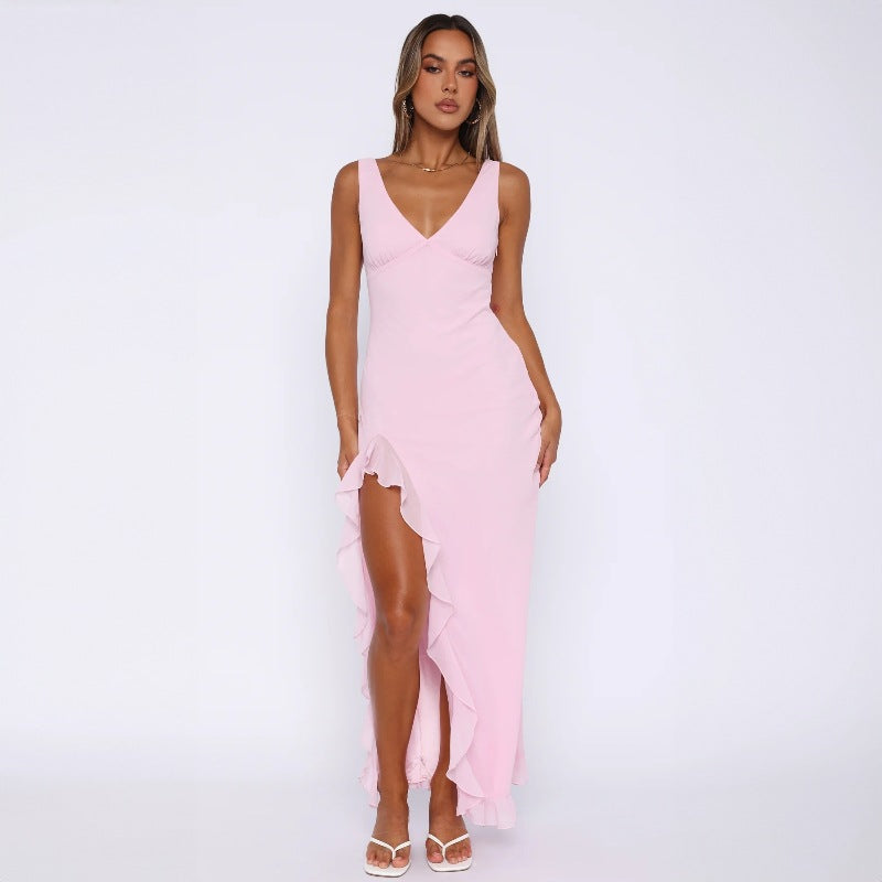 Women's Spring and Summer New Slim Halter Dress European and American Style Sexy V-neck Ruffled Split Dresses