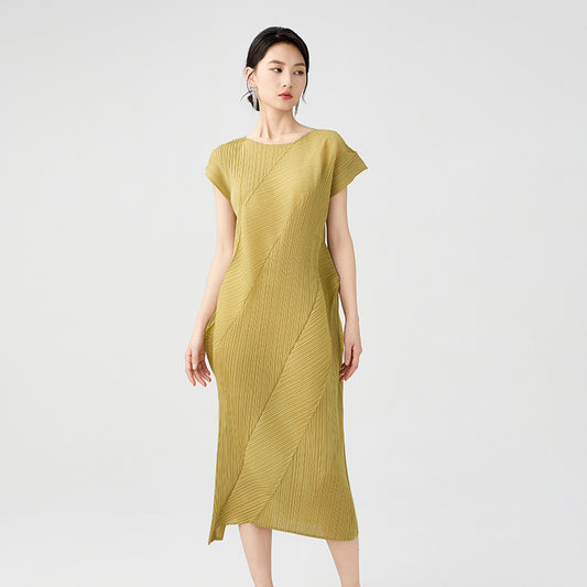 Minimalism Pleated Dress For Women O-neck Sleeveless Solid Color Casual Dresses