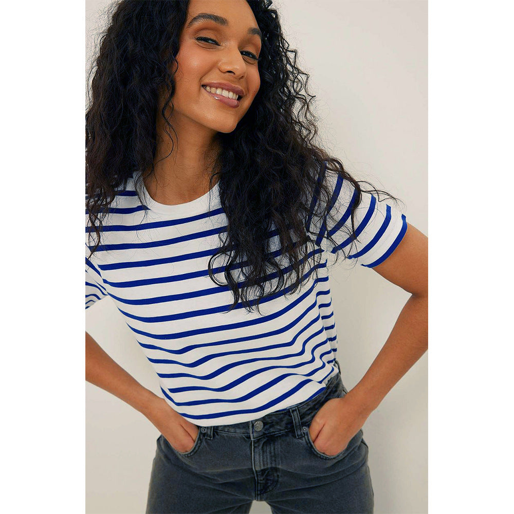 Summer Short Sleeve Striped T-Shirts Women Casual Tops Cotton Tee