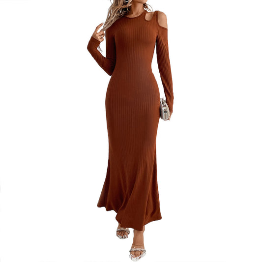 Women's Fashion Black Round Neck Hollow Out Hip Wrap Sexy Knitted Dress Temperament Commuting Female Sweet Off Shoulder Dresses