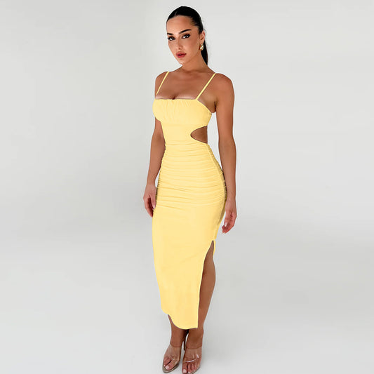 Women's Clothing Suspender Dress, European And American Sexy Backless Pleated Hip-wrapped Side Split Dress
