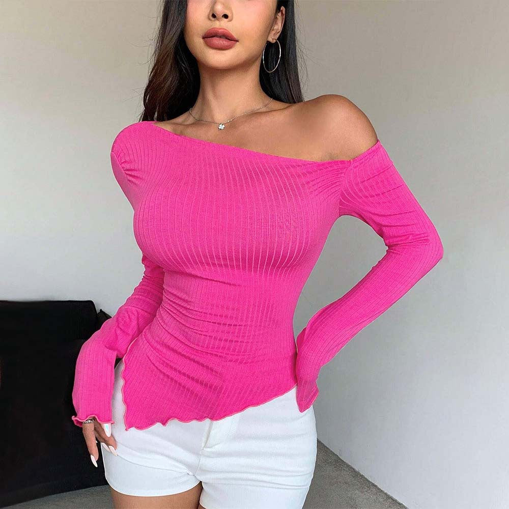 Women Sexy Solid One Shoulder Long Sleeve T Shirt Spring Fall Clothes Grunge Goth Slim Fit Tee Top Tshirt Streetwear