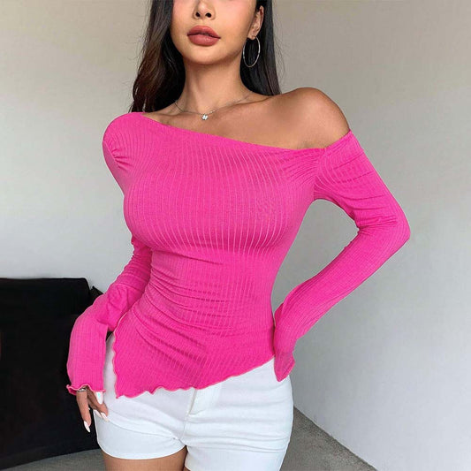 Women Sexy Solid One Shoulder Long Sleeve T Shirt Spring Fall Clothes Grunge Goth Slim Fit Tee Top Tshirt Streetwear