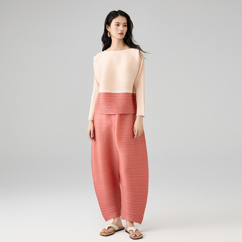 Women Suit Round Neck Long Sleeve Collision Design T-shirt Loose Big Size Harem Trousers