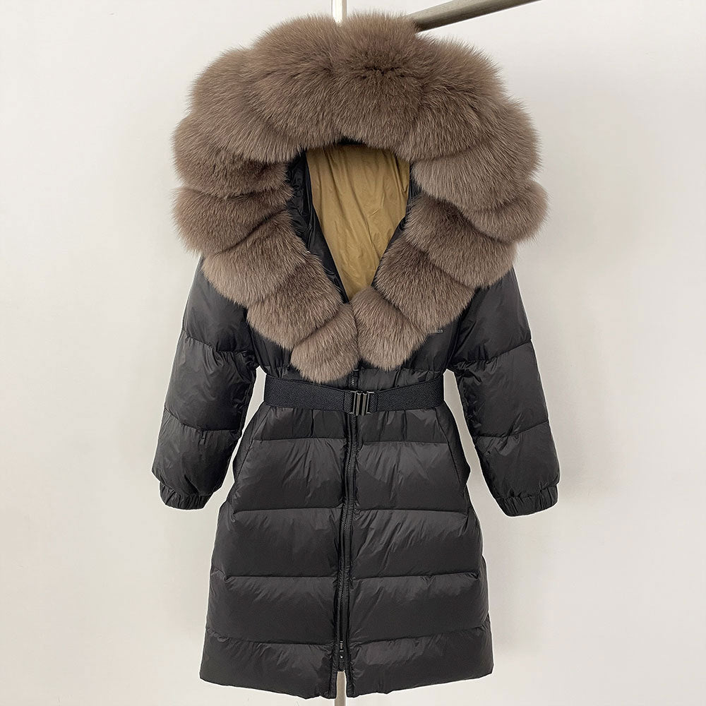 New Natural Thick Warm 90% White Duck Down Coat Long Winter Jacket Women Real Big Fox Fur Collar Belt Loose Puffer Parka