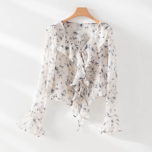 New Heavy Duty Embroidery Lace Sequins Loose Fit Versatile Sweet Top Shirt Women's Button-Up Blouse