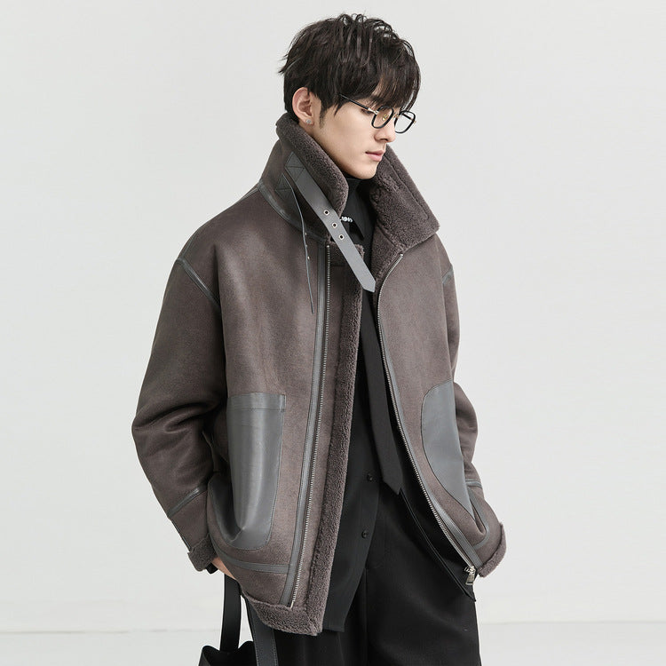 Winter Faux Fur Splice Suede Thicken Warm Jacket Men Streetwear Fashion Loose Casual Motorcycle Jacket Plus Size Parka Coat