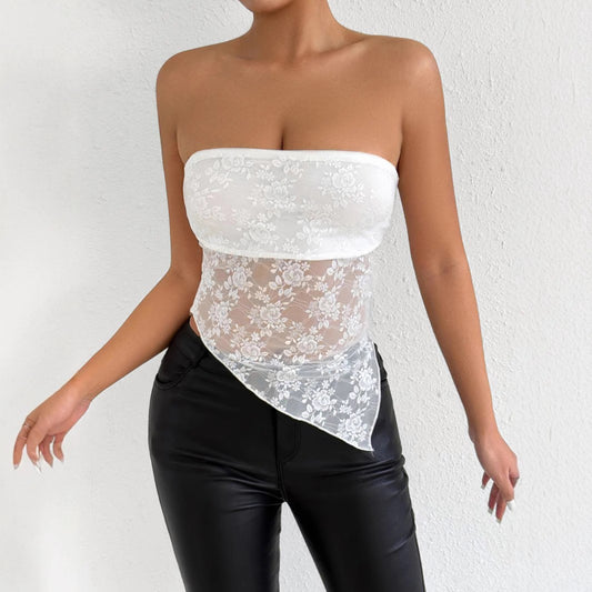 Girl's Sexy And Elegant Backless Lace Chest Wrapped Nightclub Party Fashionable Shoulderless Asymmetrical Top White Dress
