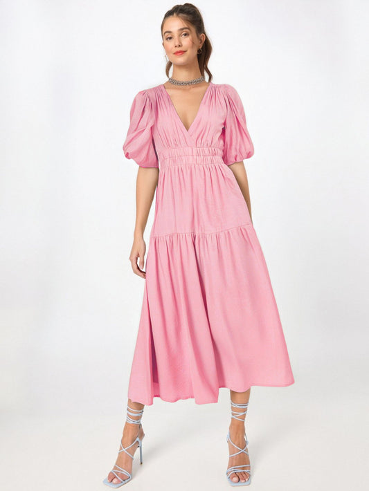 Sexy V Neck Dresses For Women'S Summer Casual Short Sleeve Solid Swing Dress Flowy Tiered Maxi Beach Sundress For Mature Women