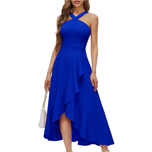 Party Dresses for Women Elegant Halterneck Sleeveless Sexy Evening Dress Solid Color Ruffle Design Long Dresses Vestidos Curtos