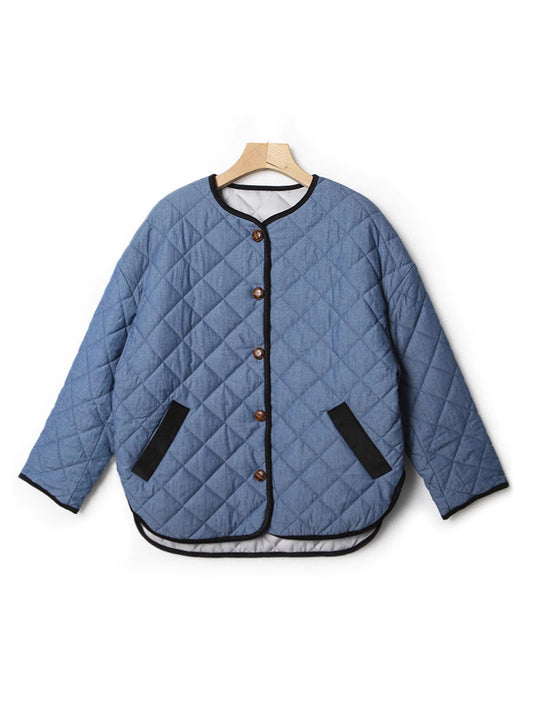 Women and Men Denim Corduroy Splice Parkars Coat Argyle Quilted Single Breasted O-neck Unisex Loose Jacket Outerwear