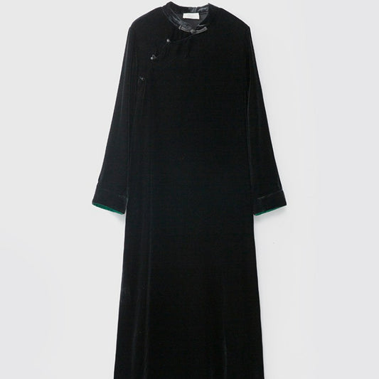 High Quality National Style New Chinese Improved Mandarin Collar Dress Female Silk Velvet Temperament Color Contrast Patchwork