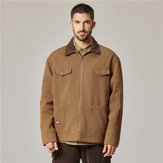 Twill Cotton Work Jacket For Men American Style Vintage Modern Casual Loose Fit Bib Trousers Spring Autumn Season Wear