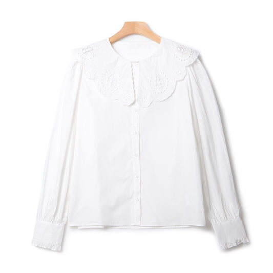 Women's Embroidery Retro Single-Breasted Blouse 2023 New Ladies Long Sleeve French Romantic Peter Pan Collar Shirt and Tops