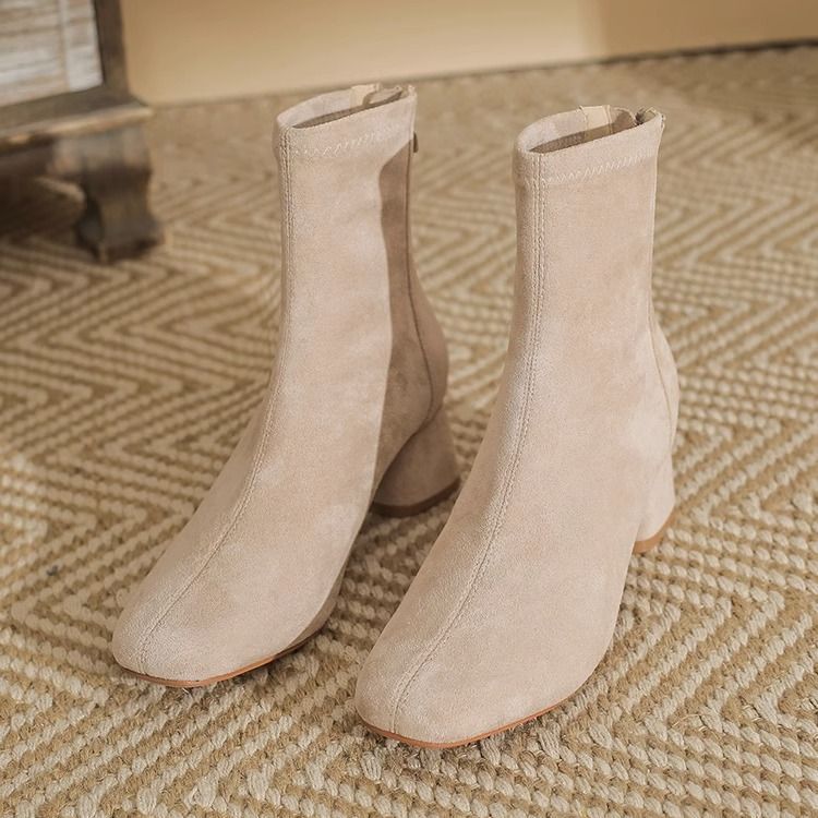 Short For Women On The Street Thin Boots Suede French Nude Color Spring And Summer Thick Small Stature Heels Woman High Shoes