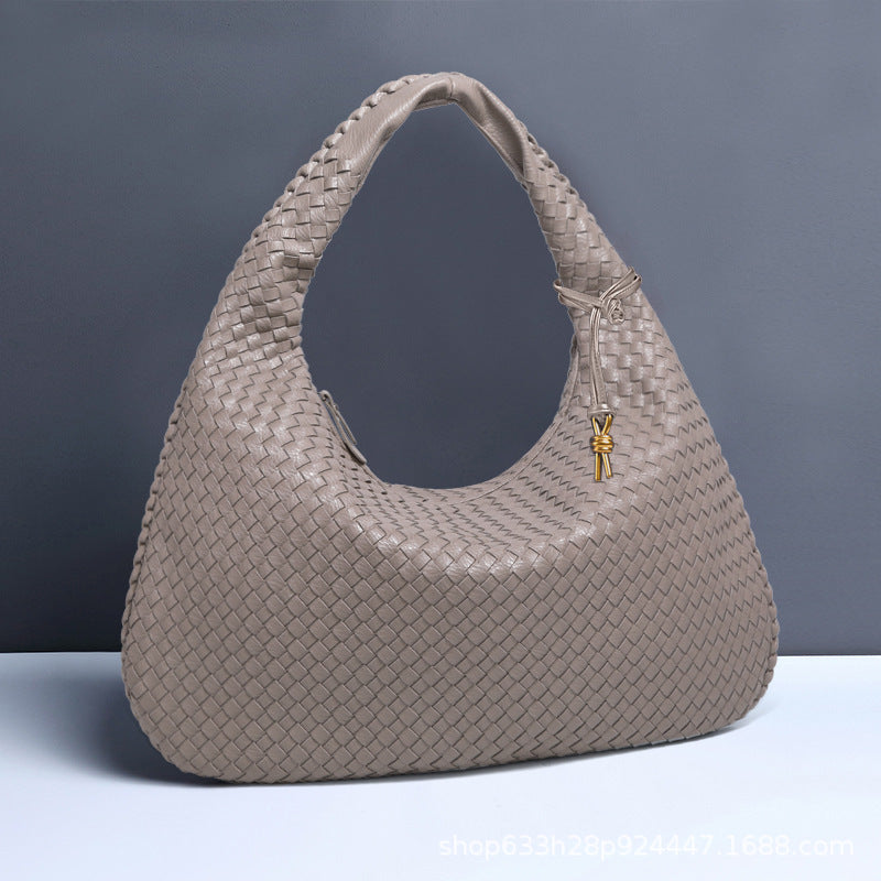 New Vegan Leather Hobo Bag Handmade Woven Casual Female Half Moon Handbag Big Capacity Patchwork Zipper Women Tote Shoulder Bags