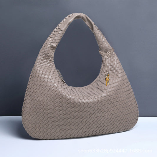New Vegan Leather Hobo Bag Handmade Woven Casual Female Half Moon Handbag Big Capacity Patchwork Zipper Women Tote Shoulder Bags