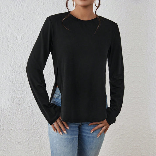 Women's Loose Casual Round Neck Slit Long-sleeved T-shirt Versatile Top