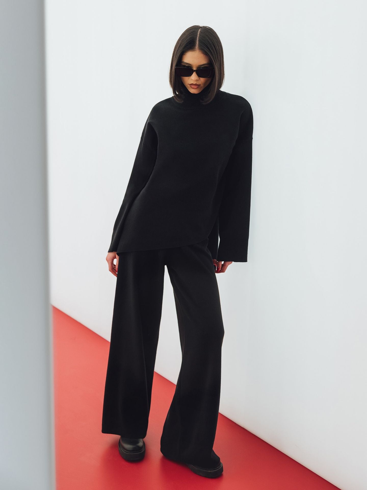 Semi-turtleneck Sweater Irregular Beveled Sweater + Knitted Wide-leg Pants Two-piece Set