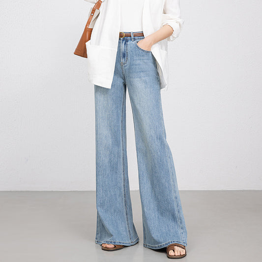 Women High Waist Wide Leg Denim Pants Solid Color Blue Baggy Jeans