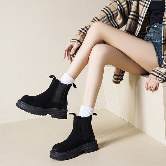 Fashion Women Chelsea Boots Winter Plush Warm Ankle Boots For Women Casual Shoes Cow Suede Square Heel Platform Boots