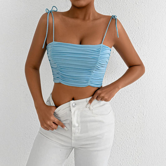 Sexy And Elegant Backless Pleated Slim Fitting Suspender Nightclub Street Summer Design Sense Fashionable Bright Color Short Top