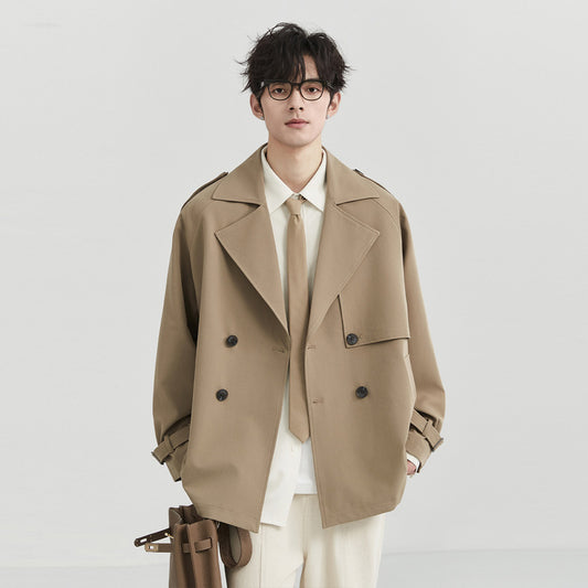 Spring Autumn New Men's Suit Collar Windbreaker Short Korean ElegantLoose Solid Casual Double-breasted Trench Coat for Men