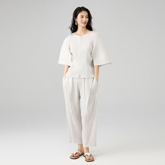 Women's Round Collar Profile Half Sleeve Zipper Tops And Folded spliced Pants Sets