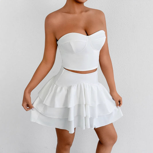 Sexy Strapless Suspenders Fluffy Skirt Two-Piece Set Nightclub Style New Spring And Summer White Tight Irregular Short Skirt