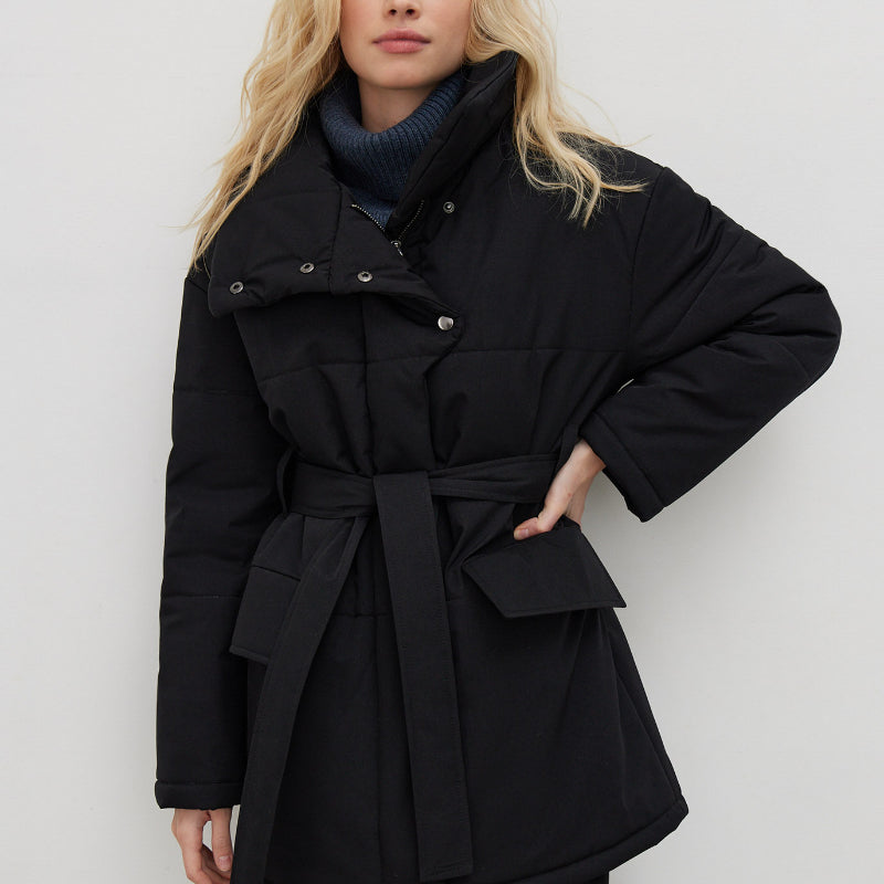 Women Winter Loose Parkas Coat Vintage Belted Outwear Ladies Warm Cotton Puffer Jackets