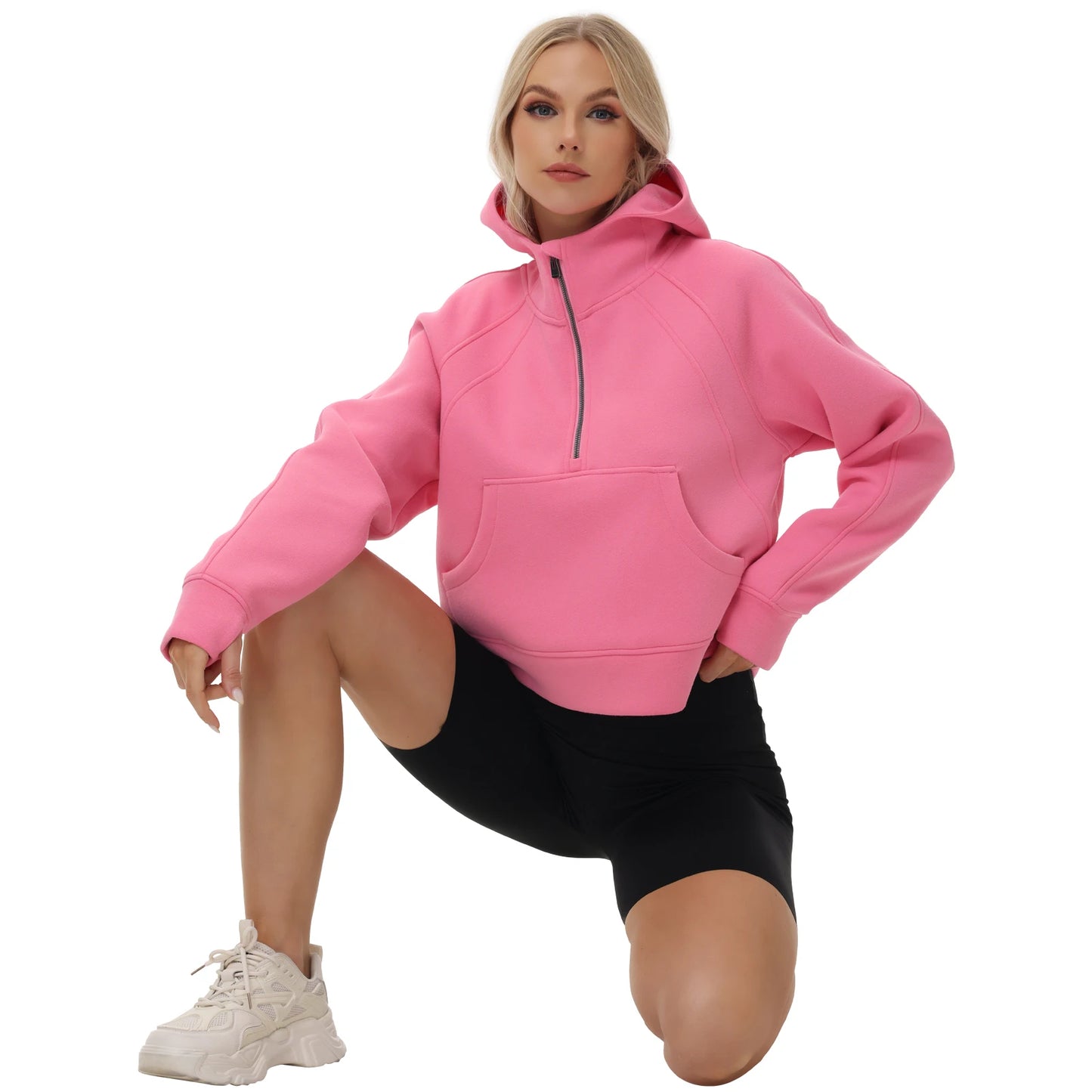 Women's Fleece Pullover Solid Warm Hoodies Half Zipper Long Sleeve Sweatshirts Tracksuits Outfits Short-style Sports Suit