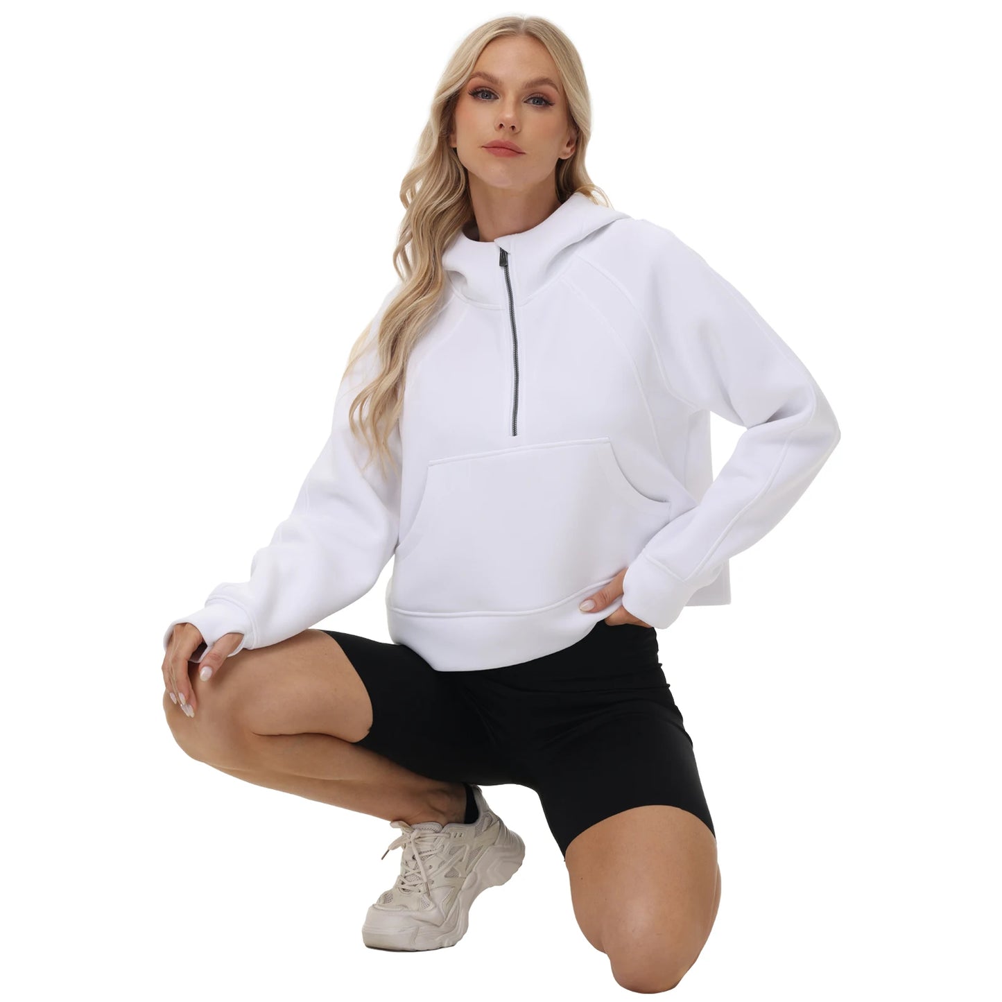 Women's Fleece Pullover Solid Warm Hoodies Half Zipper Long Sleeve Sweatshirts Tracksuits Outfits Short-style Sports Suit