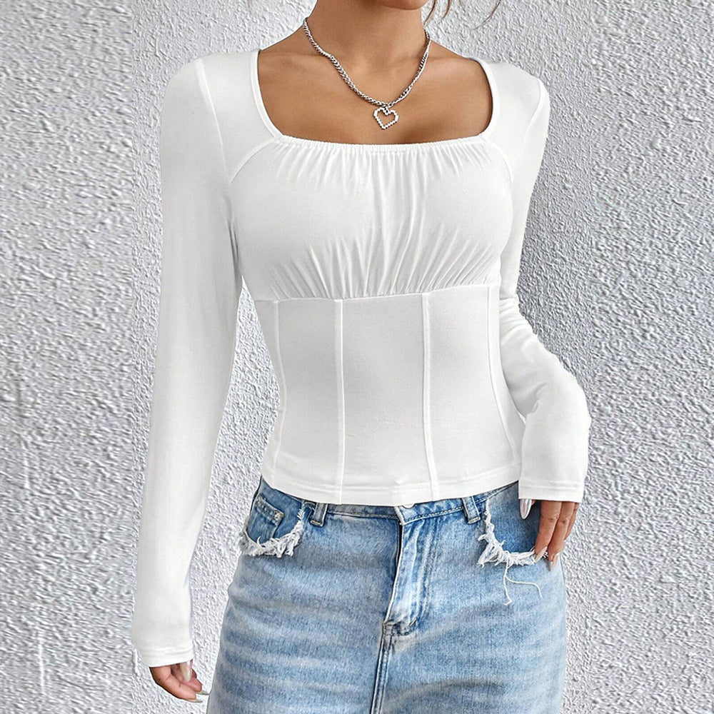 Women New Slim Fit Square Neck Long Sleeve T-Shirt Solid Color Casual Temperament Tunic Top
