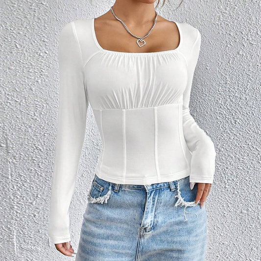 Women New Slim Fit Square Neck Long Sleeve T-Shirt Solid Color Casual Temperament Tunic Top