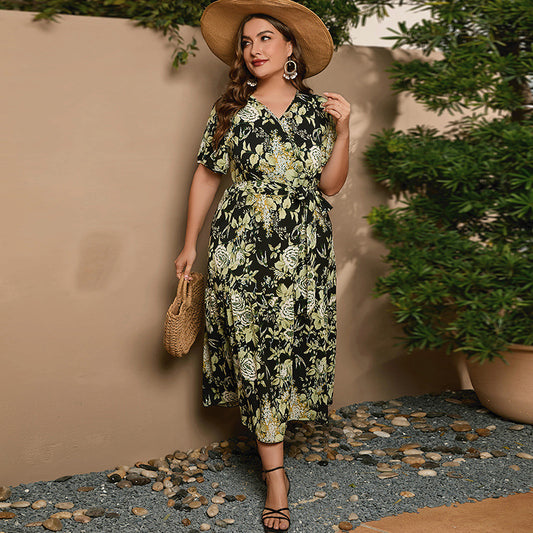 Plus Size New Oversized Super Fairy V-neck Floral Dress, Beach Vacation Dress, Loose Waist Long Skirt