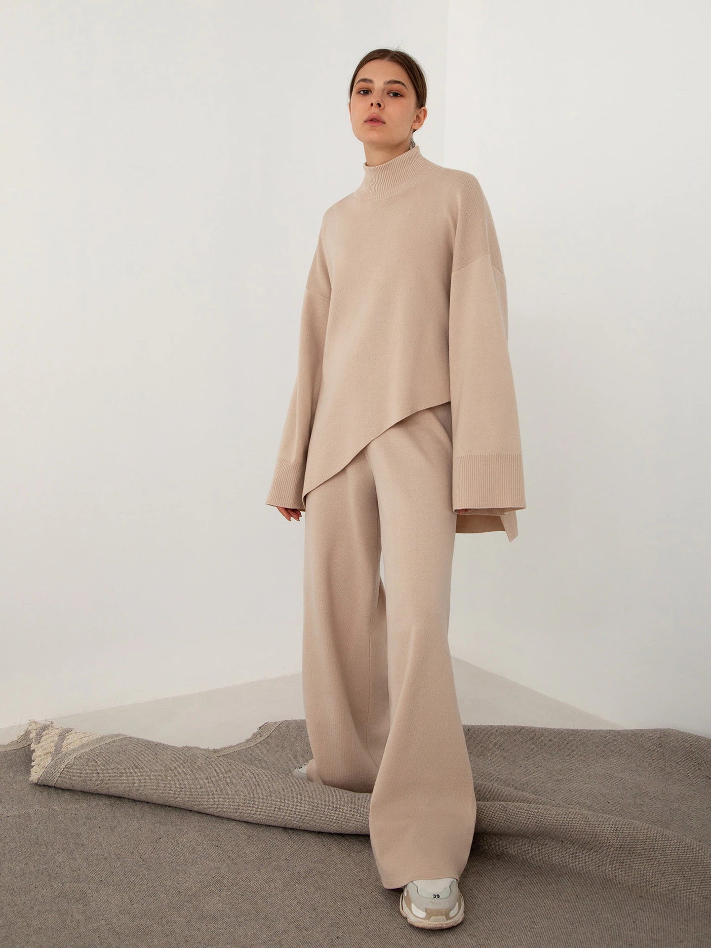 Semi-turtleneck Sweater Irregular Beveled Sweater + Knitted Wide-leg Pants Two-piece Set