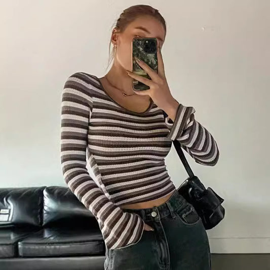American Women's Clothing New Products Hit Low Shirt American Spice Girl T-shirt Pullover Round Neck Slim Striped Long Sleeve