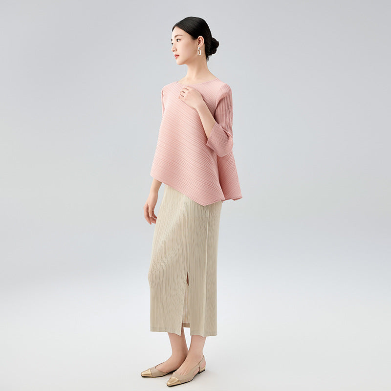 Women's Solid O-Neck Long Sleeve Irregular Tops + Ruffles Cropped Pants Set Suit