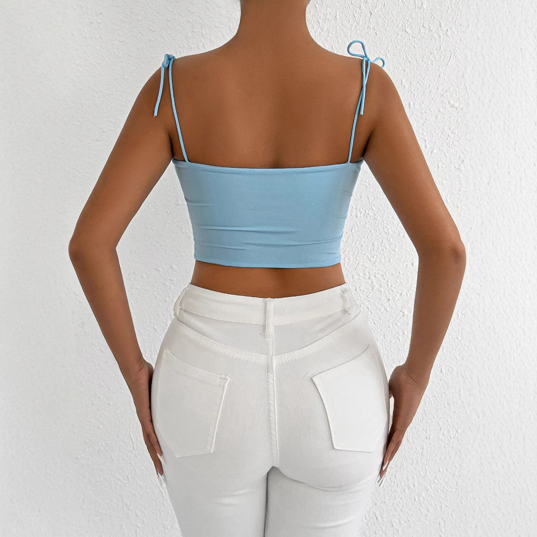 Sexy And Elegant Backless Pleated Slim Fitting Suspender Nightclub Street Summer Design Sense Fashionable Bright Color Short Top