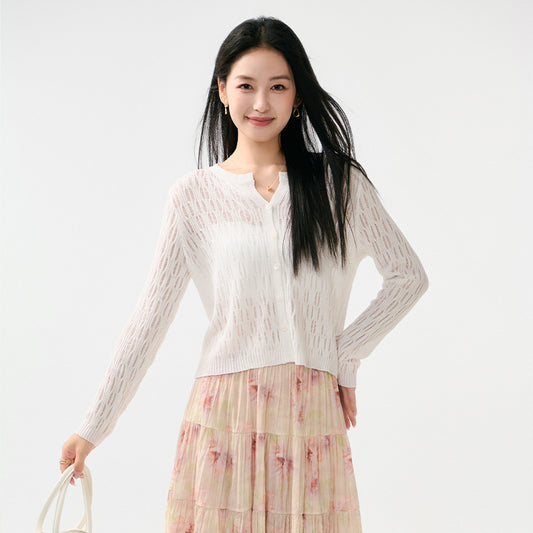 Women Short Knit Cardigan Round Neck Solid Color Autumn Soft and Slim Fit Cable Knit Sweater